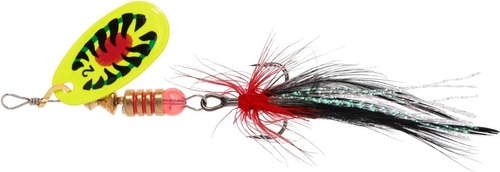 Mikado Třpytka Blaster s Chvostem Size 4, 8g Žluto-Černo-Červená/Stříbrná